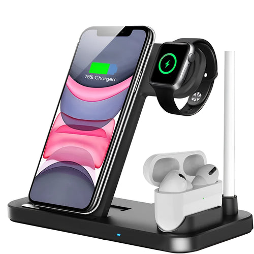 Folding 4-in-1 wireless charger in space grey colour showing vertical phone charging and Apple Pen slot