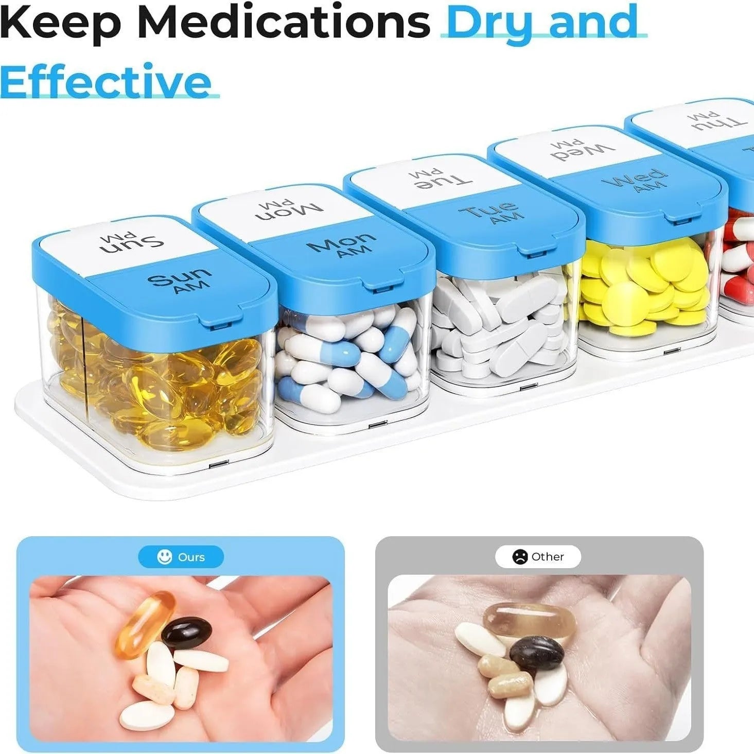 Amazon pill box with 14 removable compartments in white colour showing 1L capacity and portable design