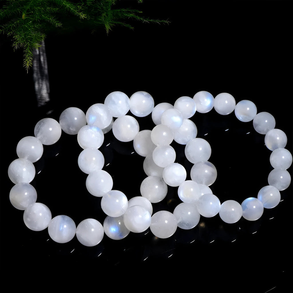 Natural blue moonlight round bead moonstone bracelet with polished white geometric beads
