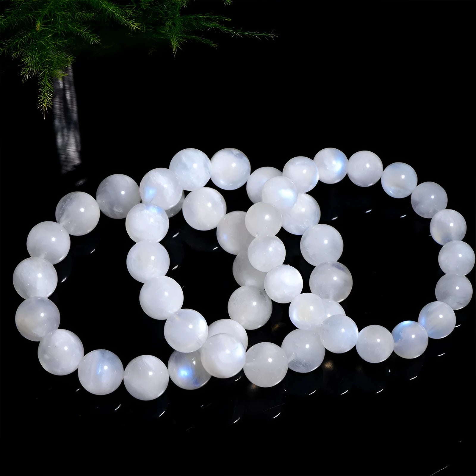 Natural blue moonlight round bead moonstone bracelet with polished white geometric beads