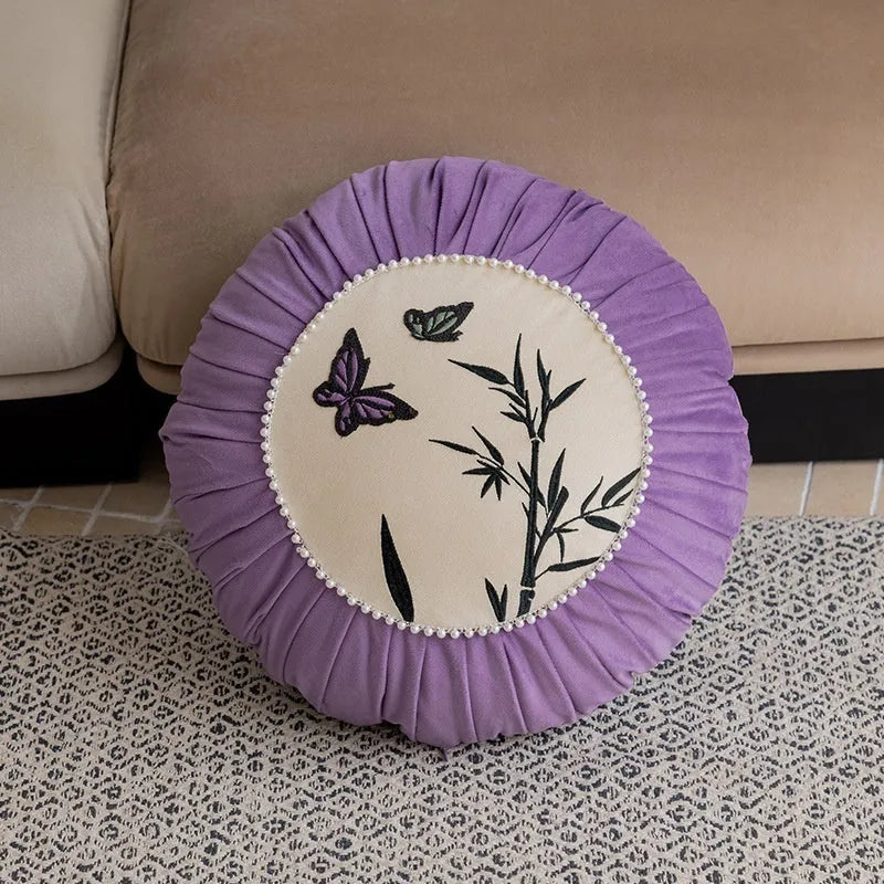 Square beige cushion with black and purple Chinese butterfly embroidery