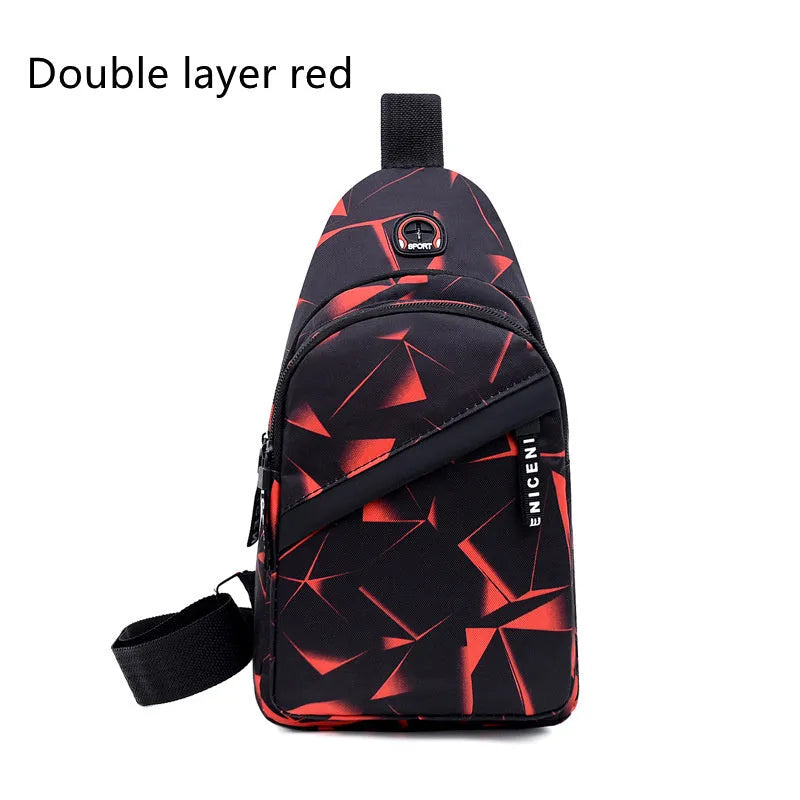 Men's Oxford cloth crossbody chest bag with earphone hole, showing zipper closure and vertical messenger style