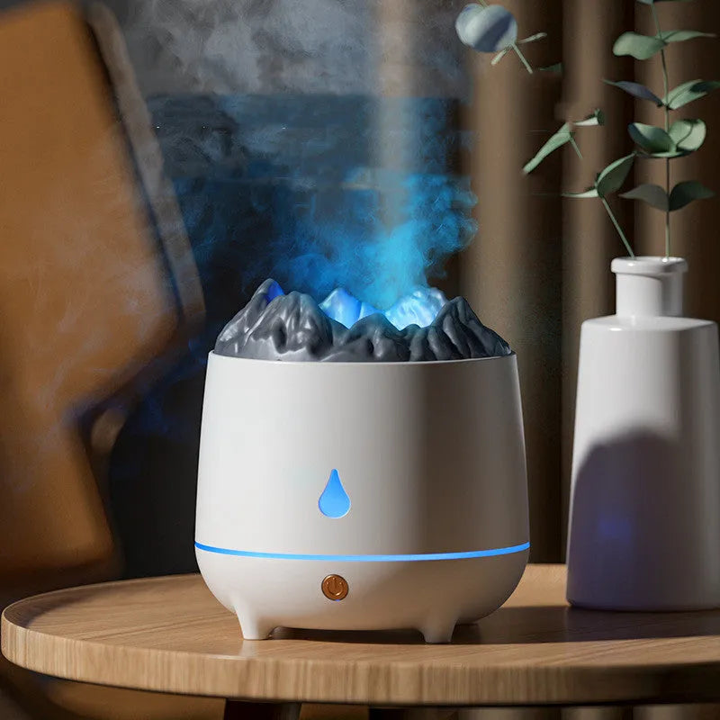 Volcano-shaped ultrasonic humidifier with USB power connection and single mist outlet