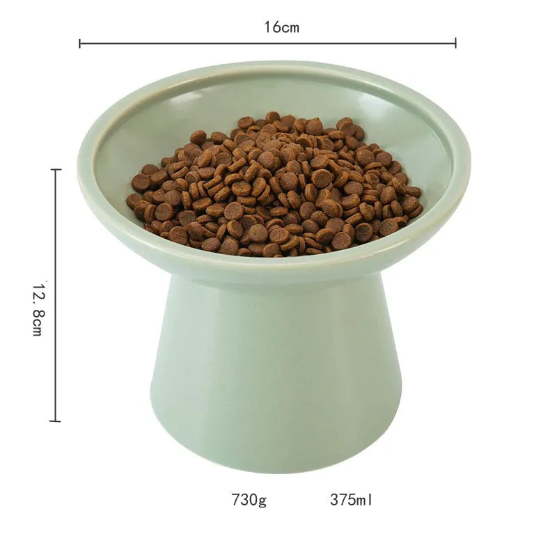 Blue elevated ceramic cat bowl with wide shallow dish on a white background.