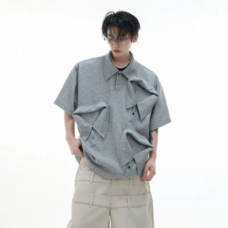 Men's geometric print polo shirt with deconstructed collar in black, grey or white colours