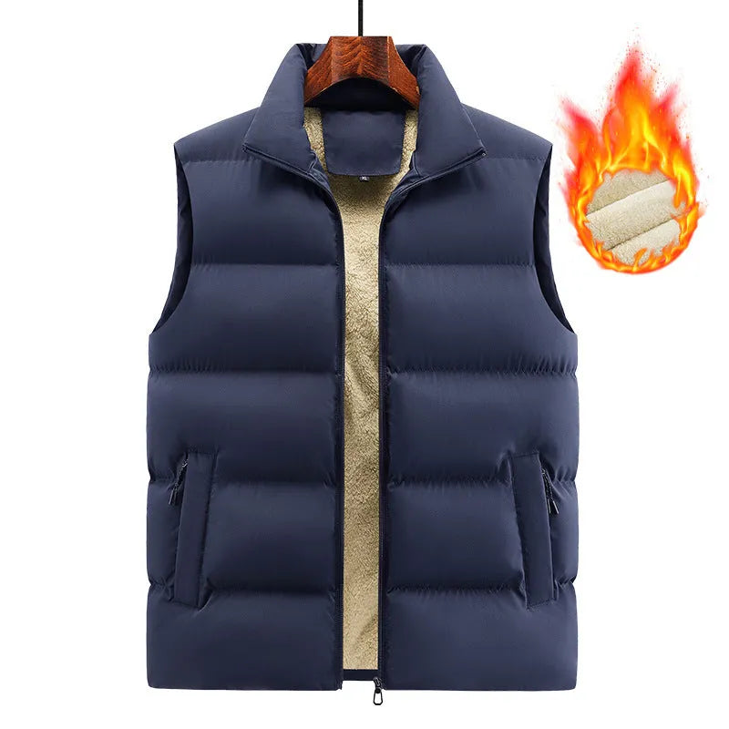 Men's striped lambswool vest in black, dark blue, or red, shown as a fleece-lined waistcoat for autumn and winter wear.