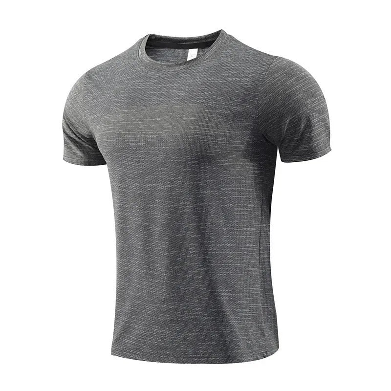 Men's red polyester spandex short sleeve sports t-shirt for running and basketball.