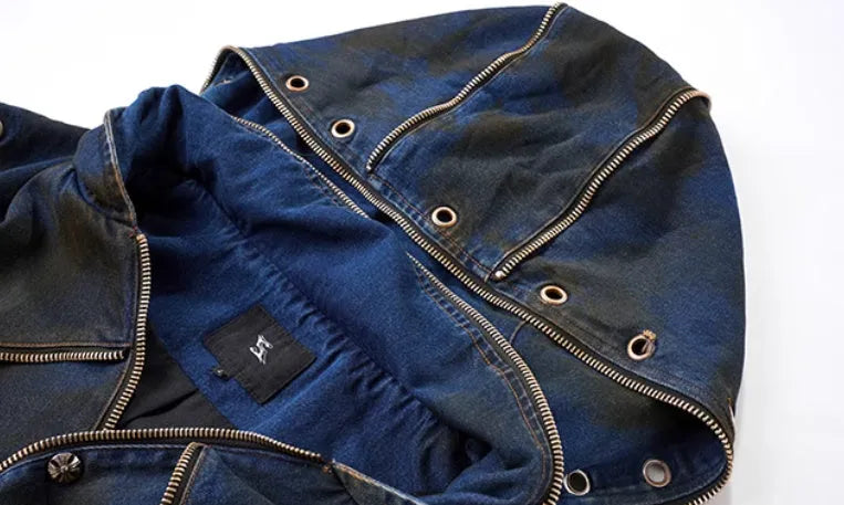 Blue hooded denim-style vest and matching trousers set with front zipper in Korean heavy industry deconstructs style.