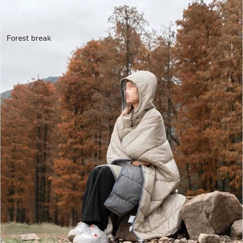 Army green outdoor cloak sleeping bag with wearable design showing 200x140cm dimensions