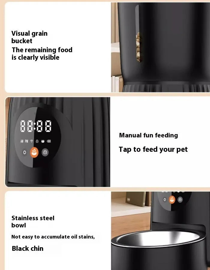 Black automatic pet feeder with digital display and food container for dogs and cats