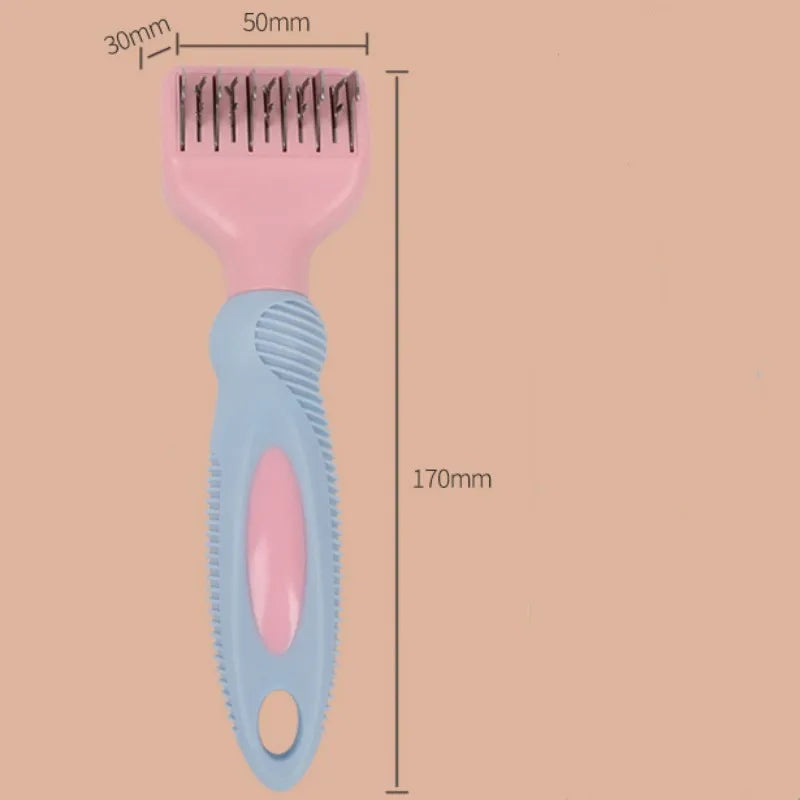 Pink stainless steel dog comb with built-in knot knife and massage brush for pet grooming