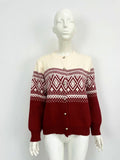 Women's red alpaca wool cardigan with grey diamond knit pattern and long sleeves