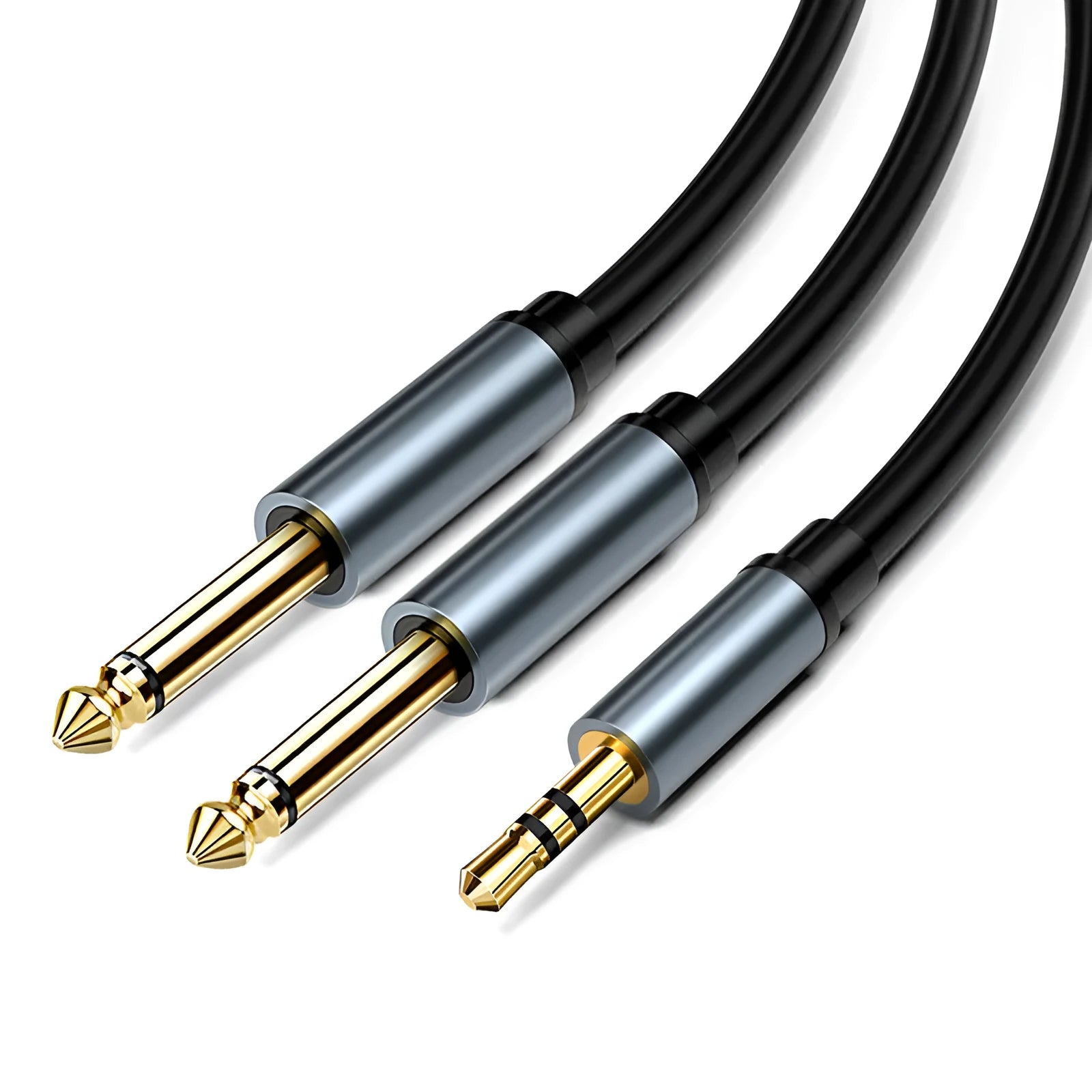 3.5mm to 6.35mm male-to-male audio cable with gold-plated connectors on a black coiled cable.