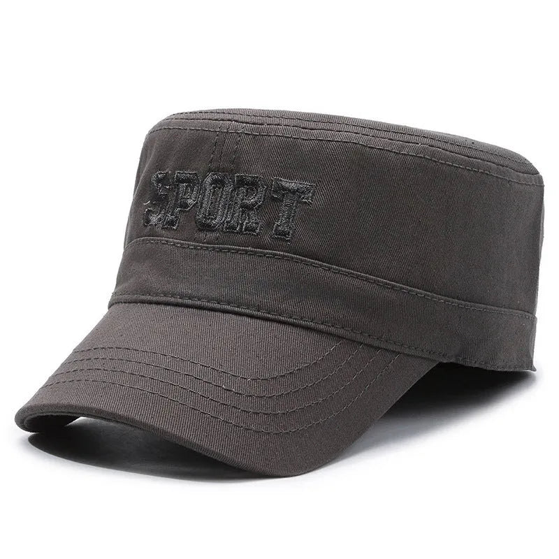 Men's cotton flat-top peaked cap in adjustable size, shown in dark blue army green colour.