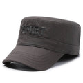 Men's cotton flat-top peaked cap in adjustable size, shown in dark blue army green colour.