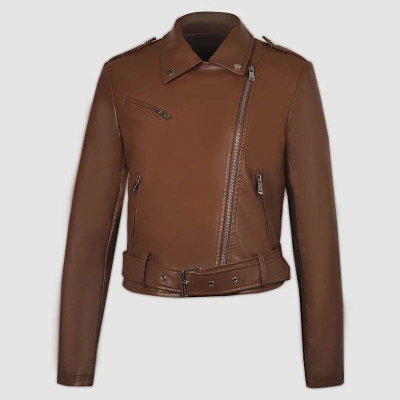 Women's red PU leather biker jacket with lapel collar and removable waist belt on a hanger.