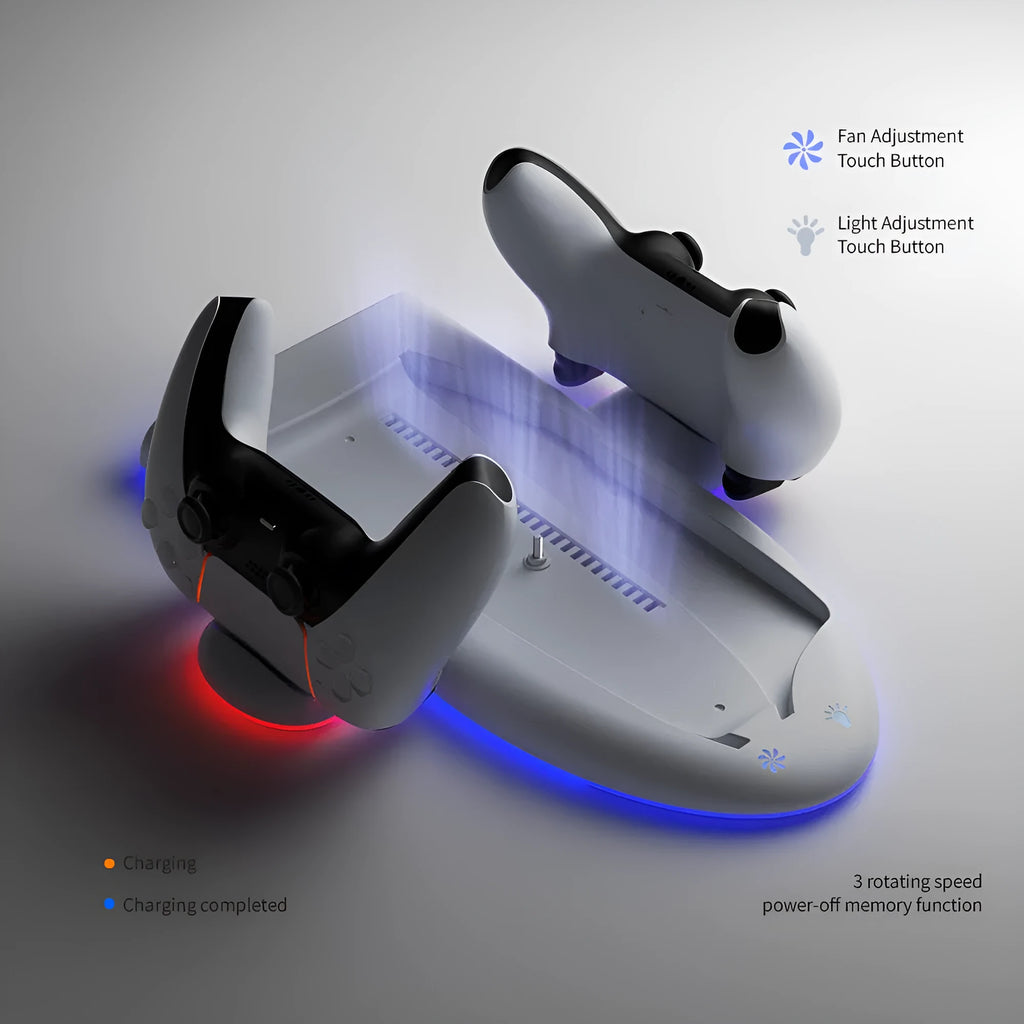 White PS5 slim charging base with RGB lighting, cooling fan, and controller handle fixer