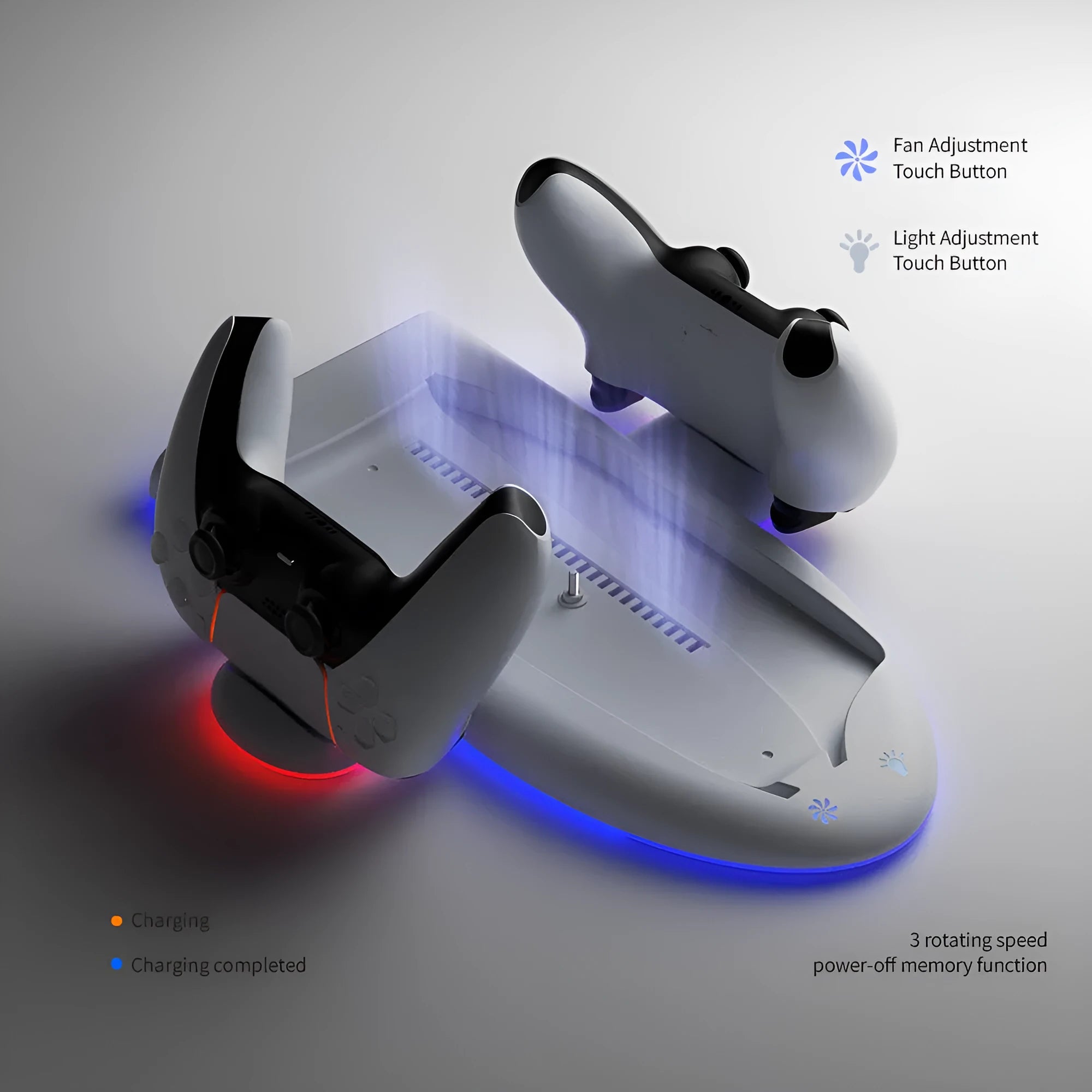 White PS5 slim charging base with RGB lighting, cooling fan, and controller handle fixer