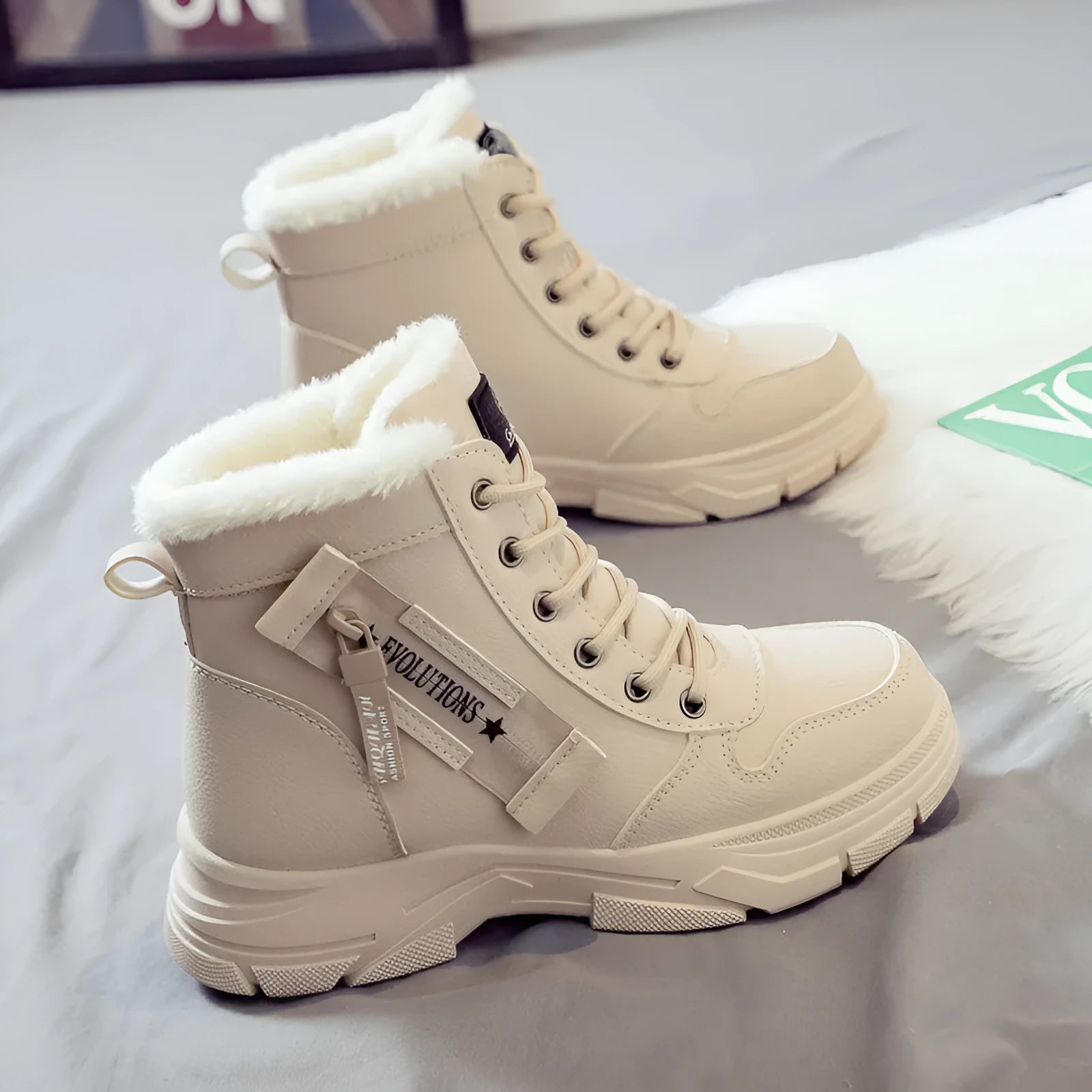 Plus size women's tall snow boots with fleece lining and rubber soles in black, khaki, or white.