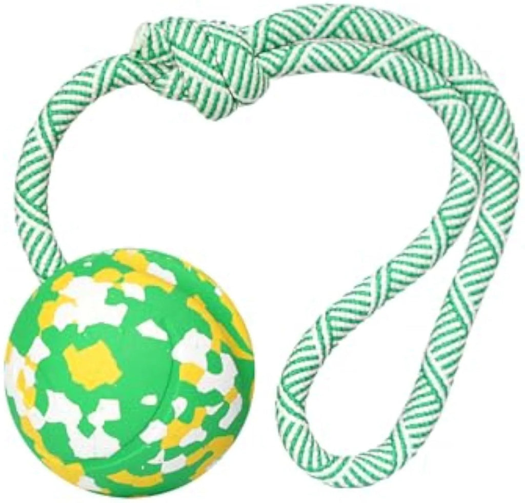 Natural rubber dog ball attached to nylon rope toy in two sizes for medium and small dogs