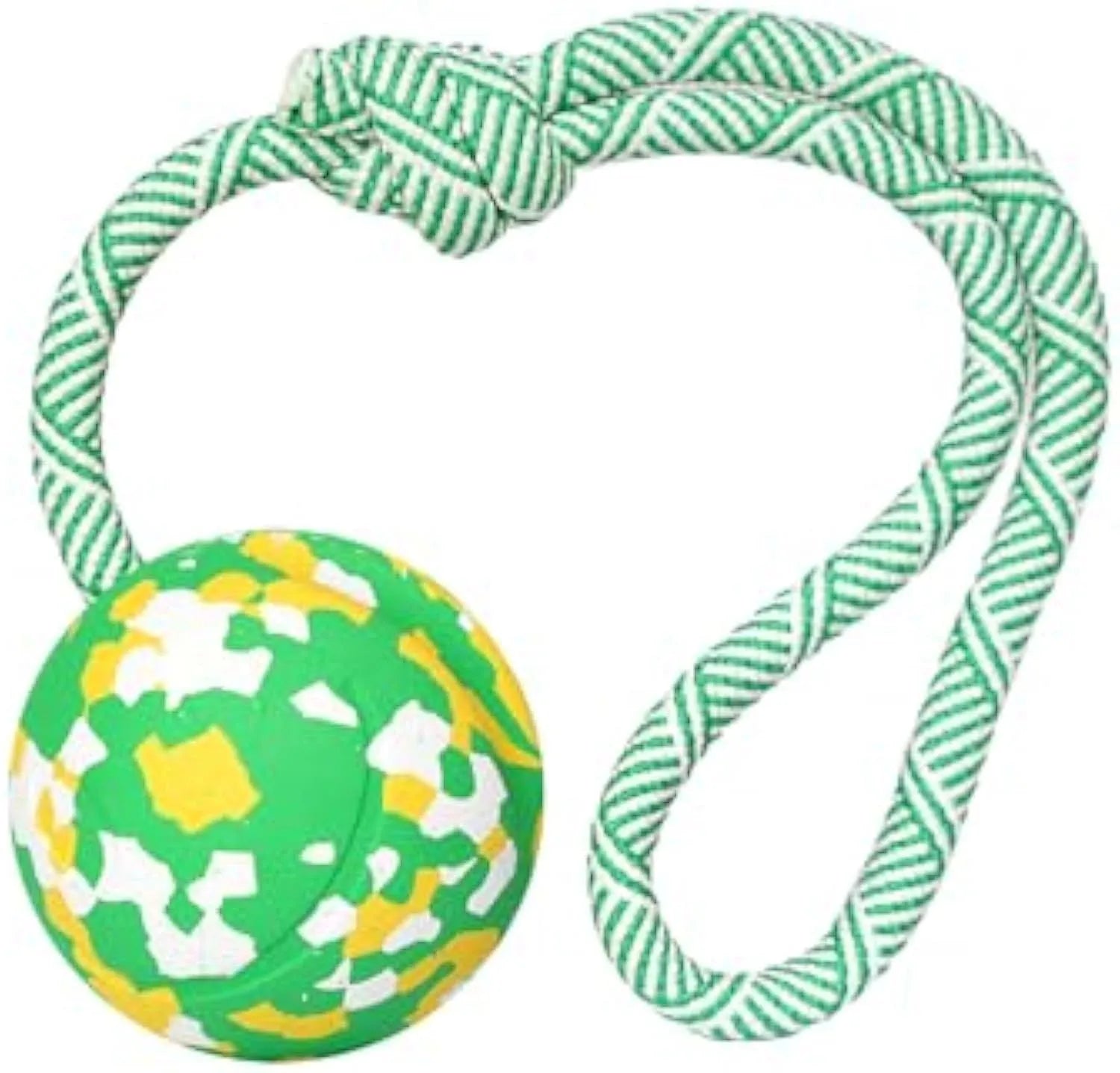 Natural rubber dog ball attached to nylon rope toy in two sizes for medium and small dogs