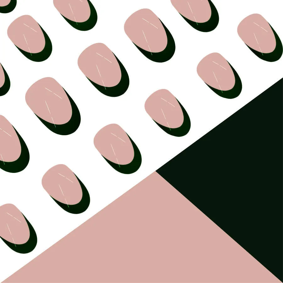 Set of 24 short almond-shaped false nails in a simple black French style design on a white background.
