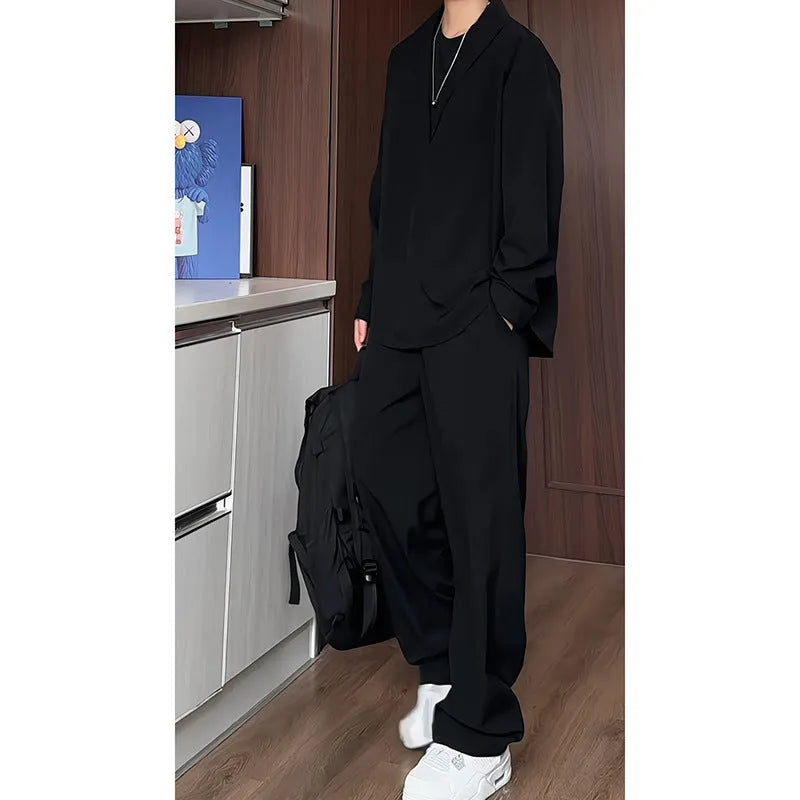 Men's black slim fit hemp polo shirt and trousers two-piece casual suit set on hanger