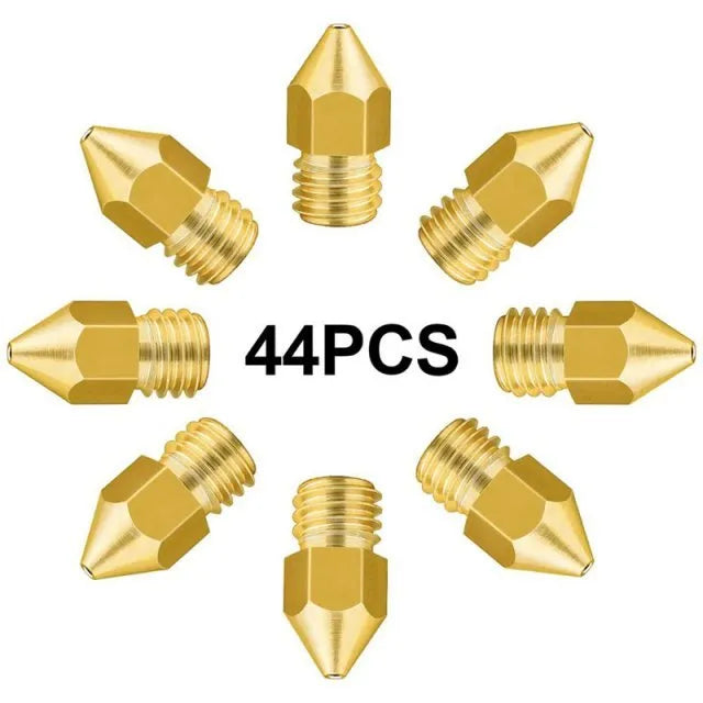 Close-up of a brass MK8 3D printer nozzle with M6 thread and 1.75mm input diameter