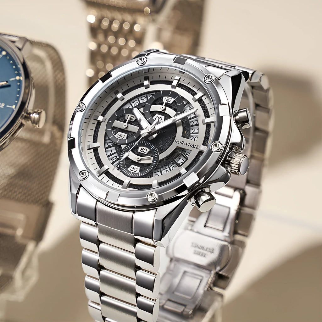 Men's waterproof luminous quartz watch with steel belt in black and blue, black and gold, or silver and white.