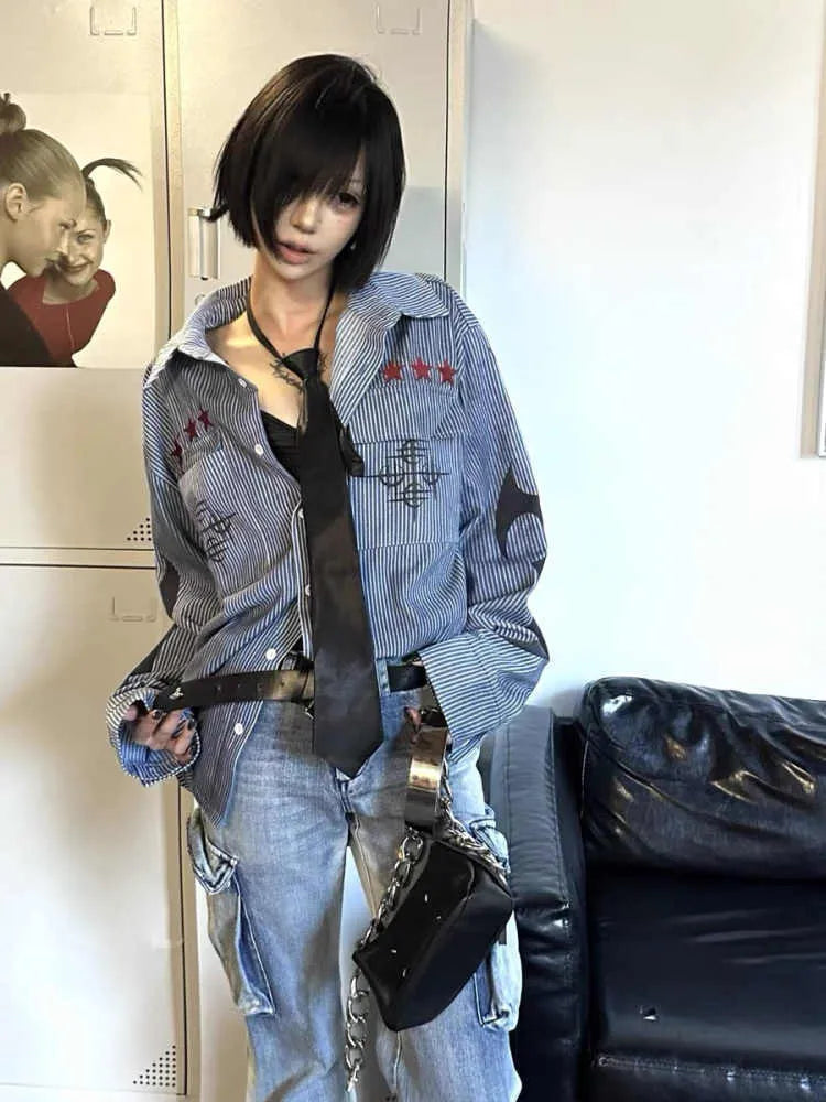 Washed blue striped casual shirt with lapel collar and long sleeves on mannequin