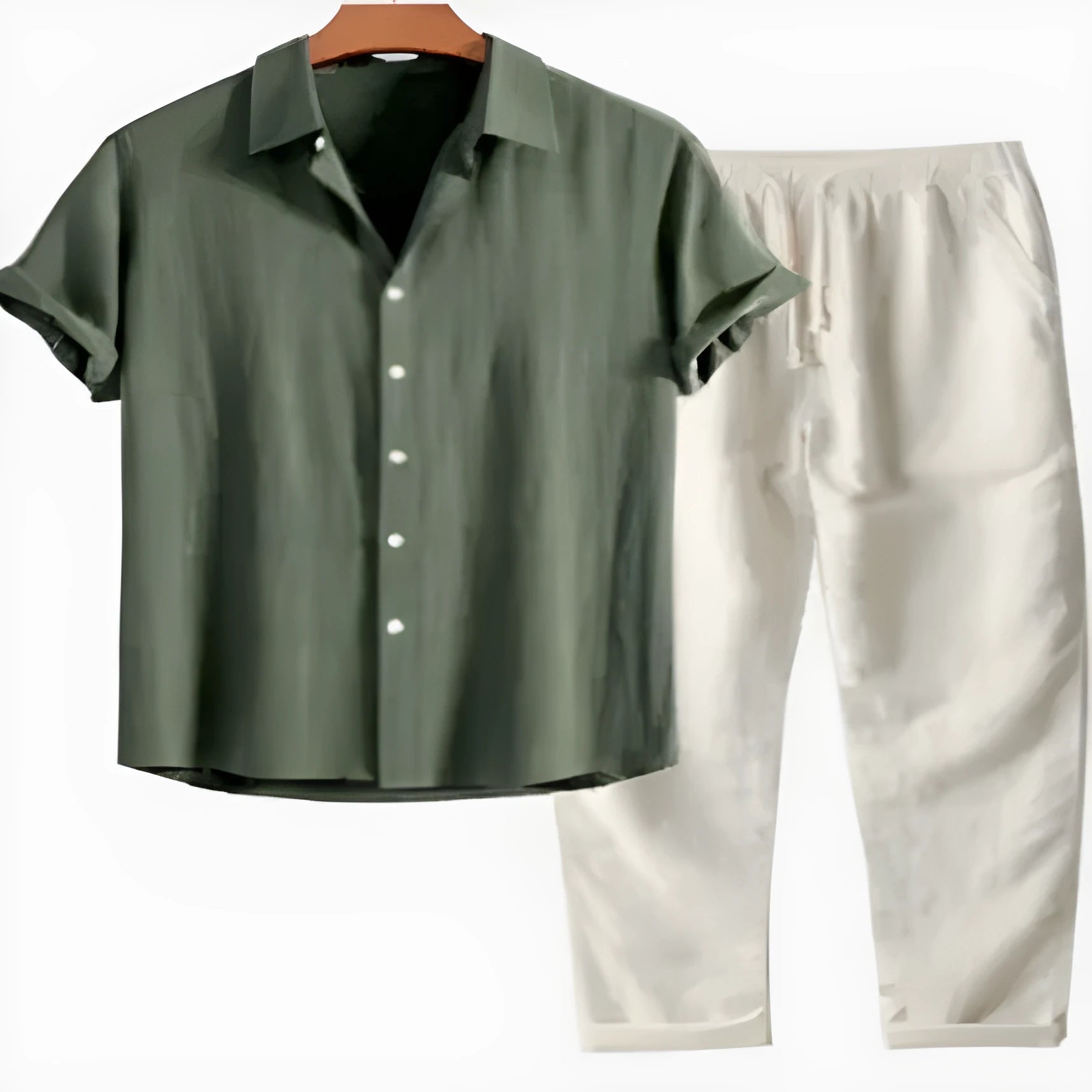 Men's green floral print slim fit casual suit set with cardigan shirt and trousers.