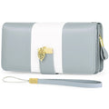 Anti-theft clutch handbag with lock closure in PU leather showing interior organisation and colour options