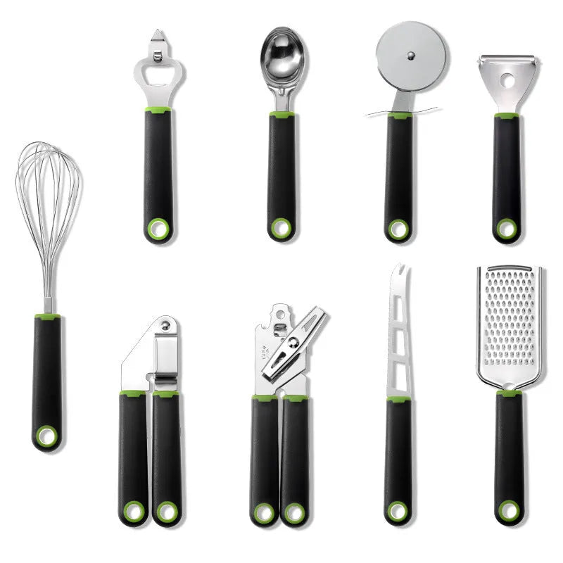 Set of nine stainless steel kitchen utensils with plastic handles in green, black, black and red, and black and green colour options on a light background