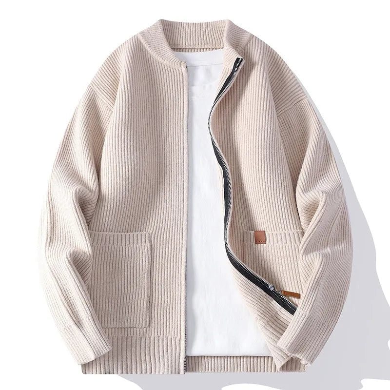 Men's striped sweater cardigan jacket in chemical fibre blend with zip-up front