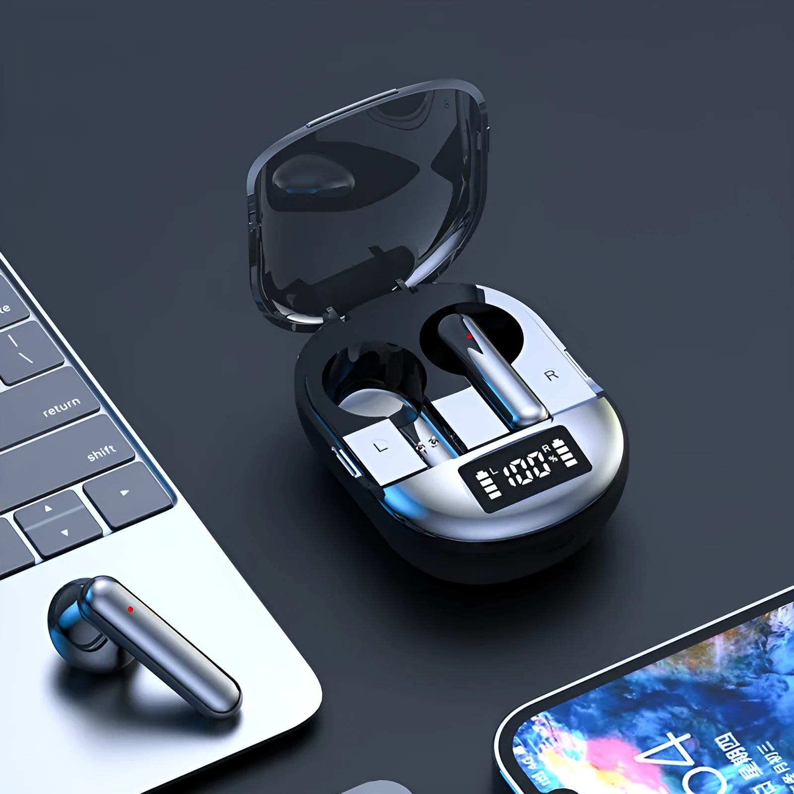 Black and white wireless Bluetooth in-ear headset with charging bin showing digital display screen
