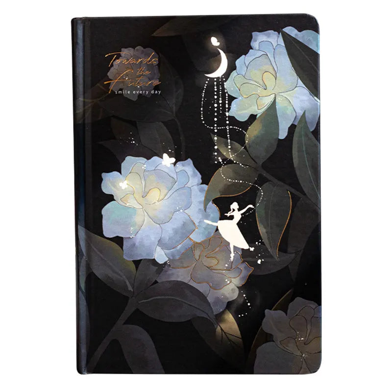 A5 size diary book with a luminous purple cover, open to show pages with colour illustrations.