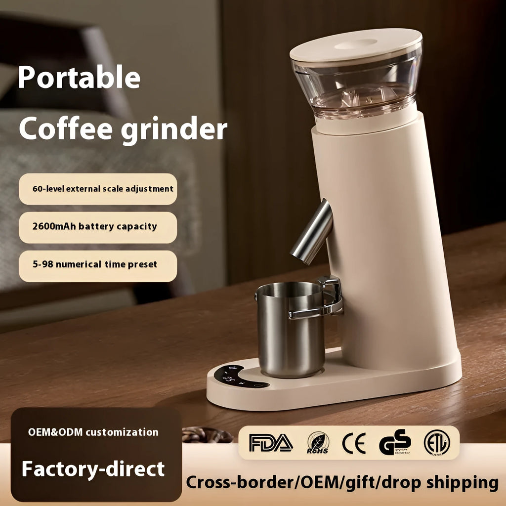 Portable automatic coffee grinder with stainless steel reservoir and temperature control display
