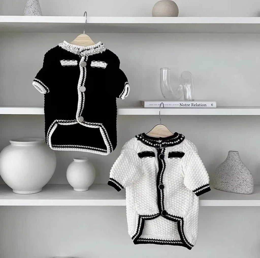 Korean princess style white dog sweater with pearl collar on small dog