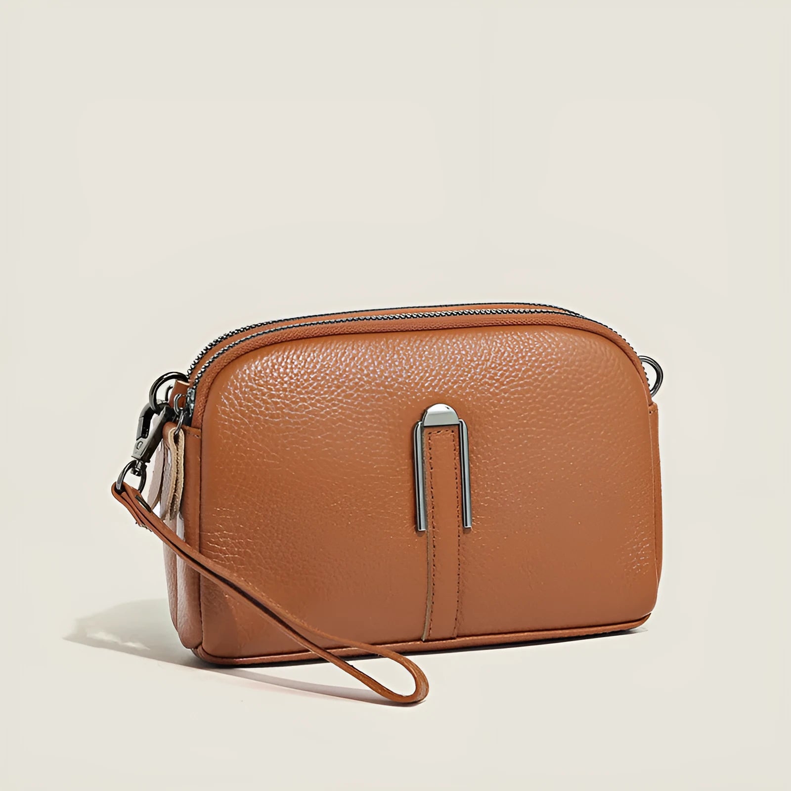 Top-grain leather crossbody bag in khaki with horizontal square shape and inner pockets