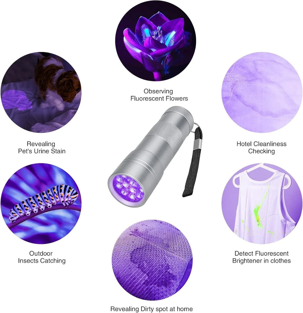 Black aluminium UV flashlight torch for detecting pet urine stains and insects on a dark surface.