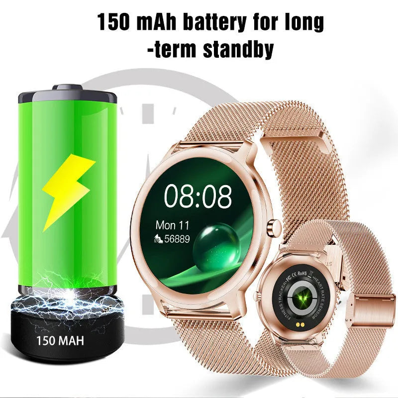 Women's smart watch with touchscreen display showing fitness metrics on silver mesh wristband