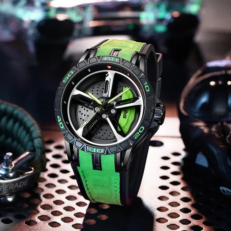 Men's quartz skeleton watch with 47mm steel case, luminous hands, and black rubber strap on grey background