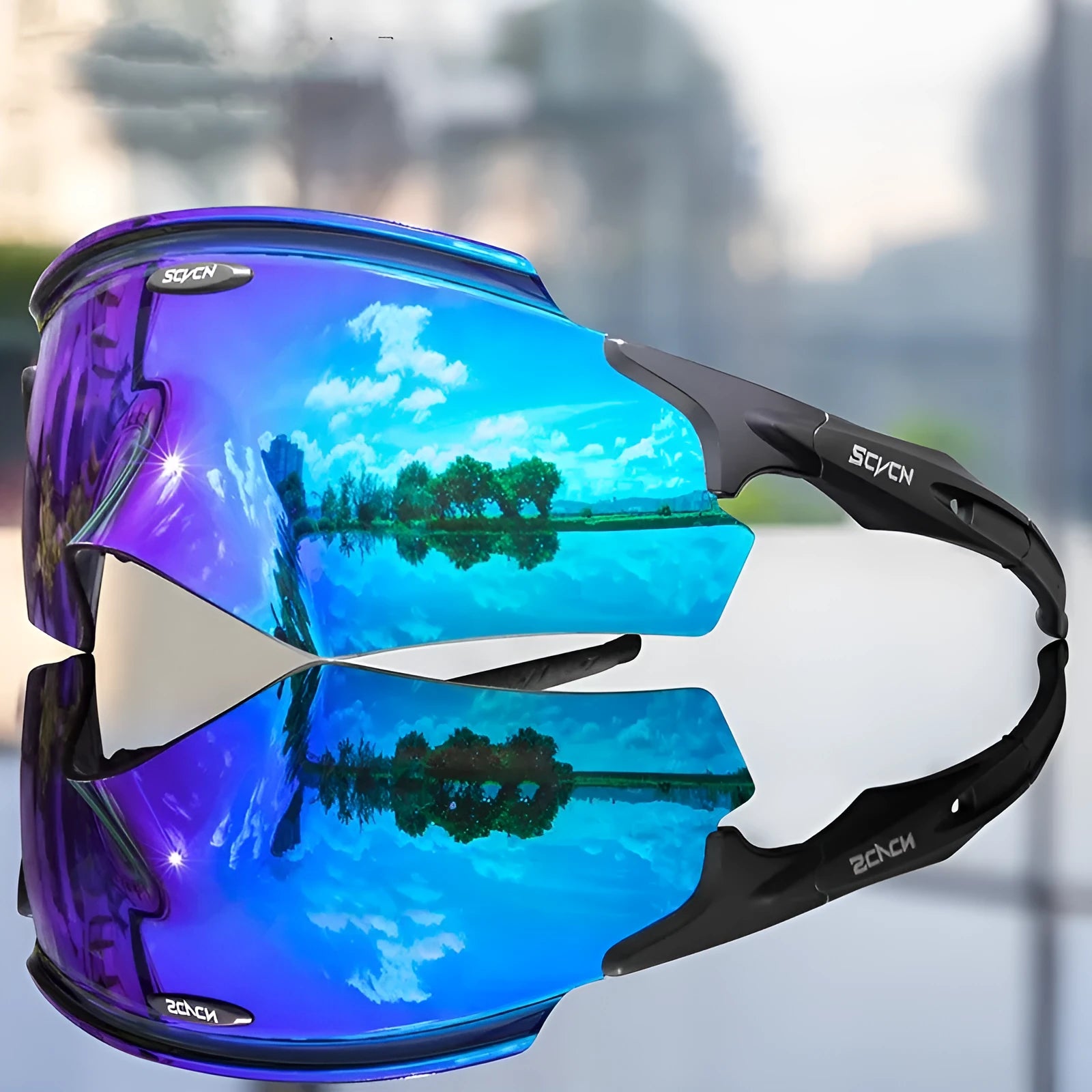 Frameless athletic sports glasses with integrated colourful lens in windproof design