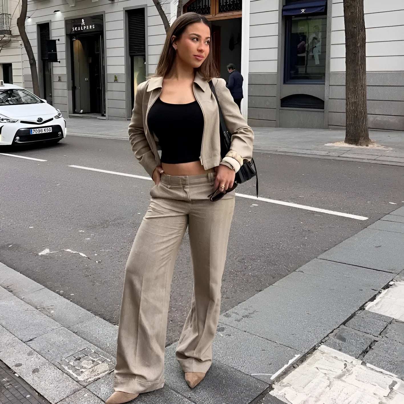 Women's casual long sleeve coat and straight-leg pants suit set with 3D herringbone pattern