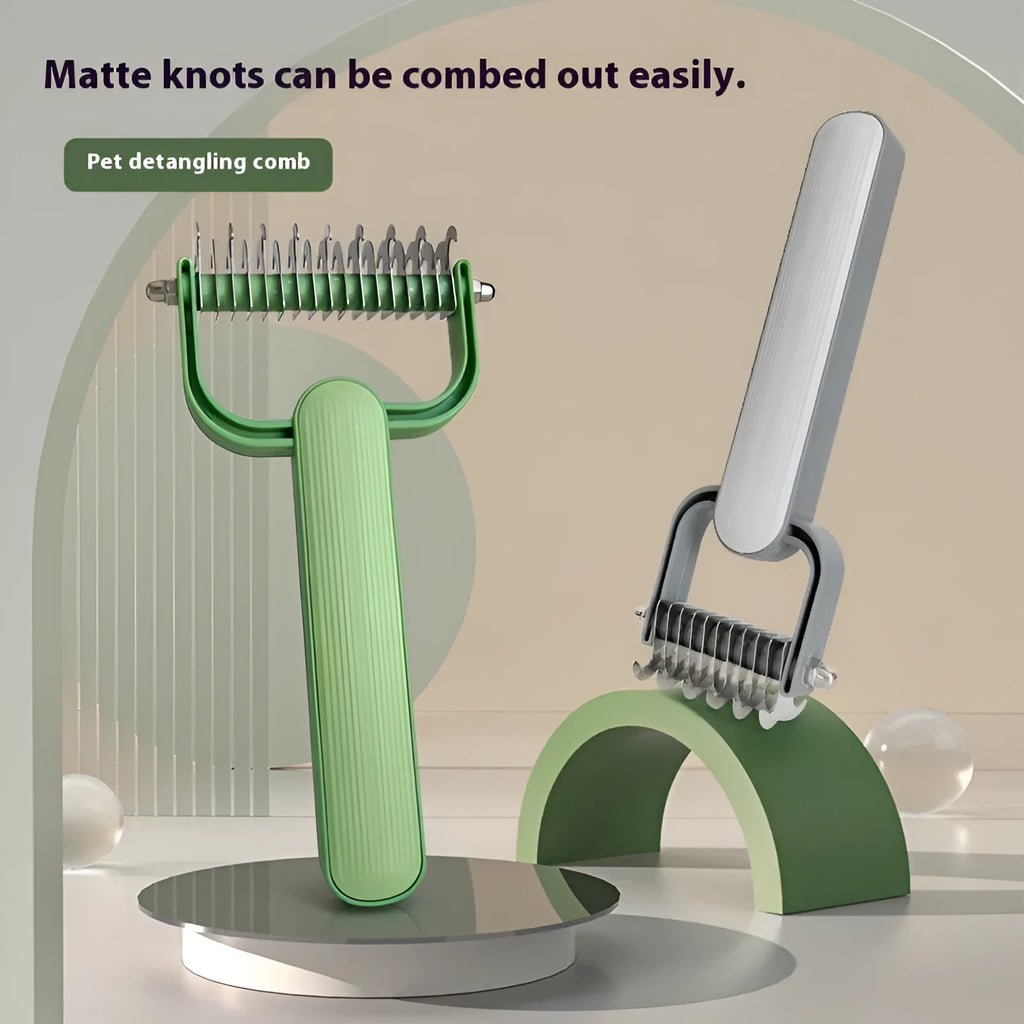 Green and grey dog grooming comb with plastic handle and stainless steel teeth for unknotting