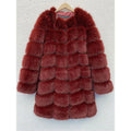 Women's long artificial fur coat in multiple colours including black, camel, and wine red, showing 80 cm length.