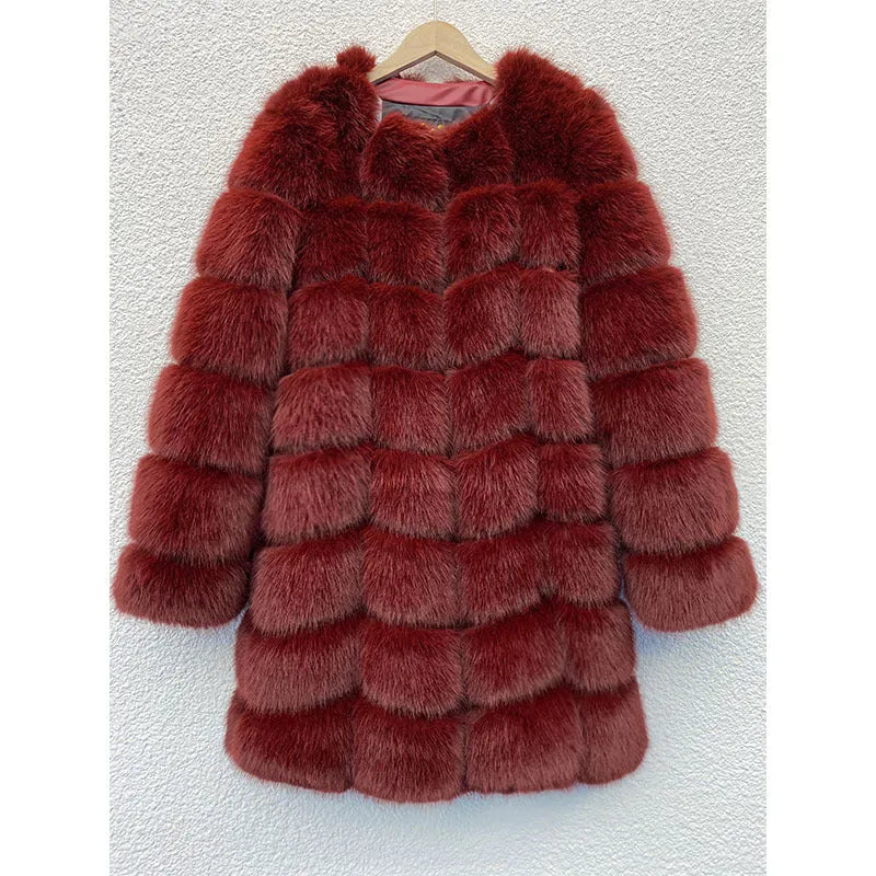 Women's long artificial fur coat in multiple colours including black, camel, and wine red, showing 80 cm length.