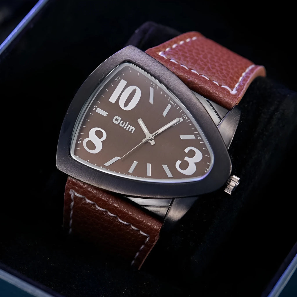 Men's triangular quartz watch with leather-style strap in brown colour showing 9mm case thickness