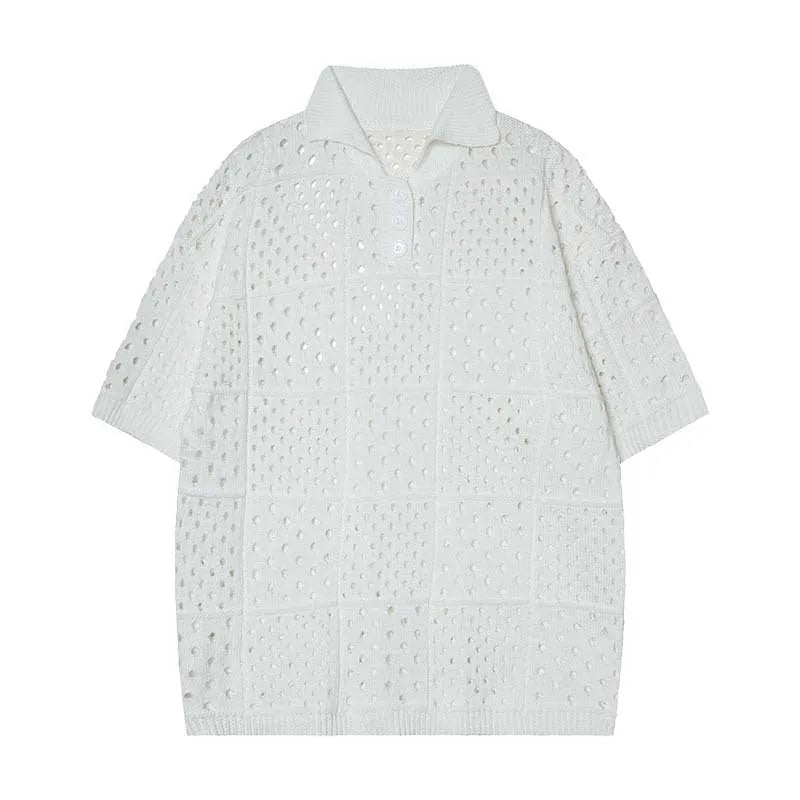 Men's loose-fitting black hollow knit short-sleeved polo shirt on a hanger, casual style.