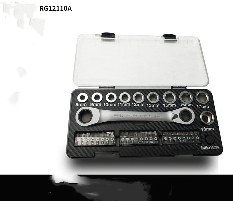 RG12110 series ratchet wrench handle with a selection of 10 socket attachments and 3 screwdriver bit heads laid out on a surface.